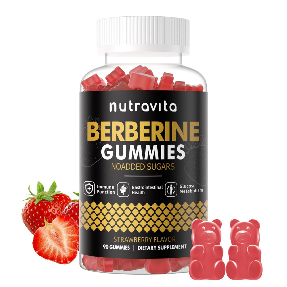 Nutravita Berberine Gummies strawberry bottle highlighting 1500mg potency for daily use.