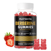 Nutravita Berberine Gummies strawberry bottle highlighting 1500mg potency for daily use.