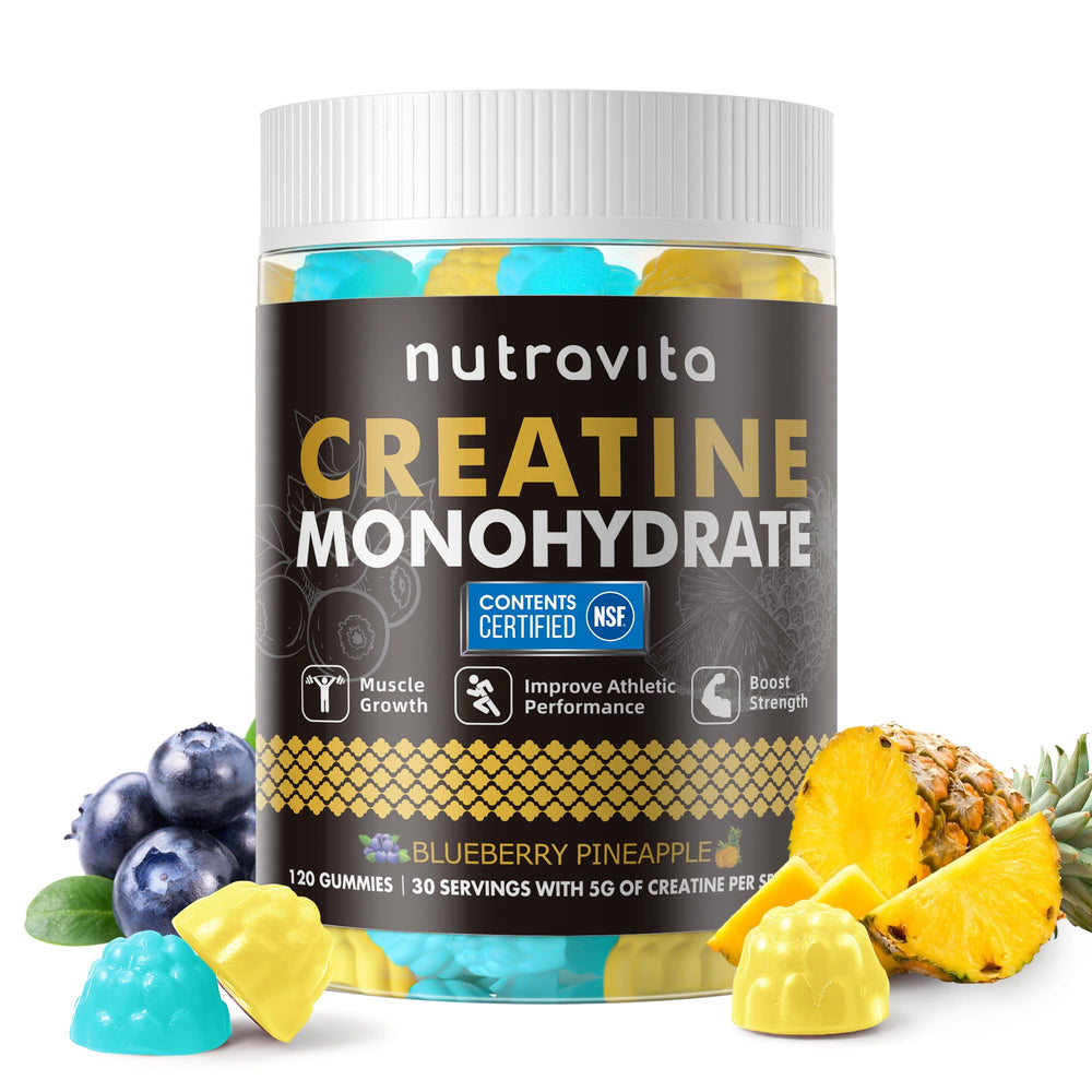 Nutravita Creatina Gomitas Envase para consumo diario y cómodo.