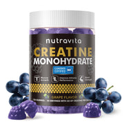 Nutravita Creatine Gummies jar label shows vegan, sugar-free formula for workouts.