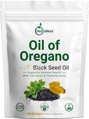 NutraVora Oil of Oregano with Black Seed Oil softgels bottle front view for daily wellness.