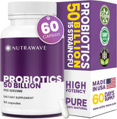 Nutrawave 50-billion probiotics bottle promotes gut health for daily use.