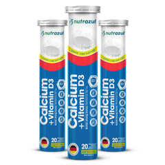 Nutrazul Calcium and Vitamin D3 effervescent tablet in lemon-lime bottle supports easy daily use.