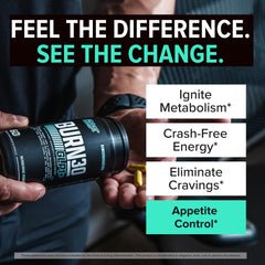 Nutrex Burn30 bottle back details metabolism and energy support features.