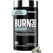 Nutrex Burn30 bottle front shows stimulant-free GLP-1 formula for appetite control.