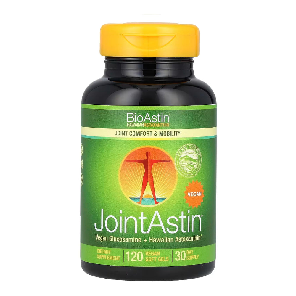Nutrex Hawaii JointAstin bottle on table showing 12 mg BioAstin for joint support