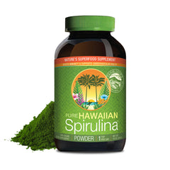 Nutrex Hawaii Pure Hawaiian Spirulina bottle front view highlighting Hawaiian origin and vegan nutrition