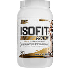 Nutrex IsoFit chocolate whey isolate tub front for fast absorption and convenient fueling