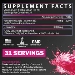 Nutrex L-Carnitine 3000 bottle label closeup highlights nutrition facts for performance.