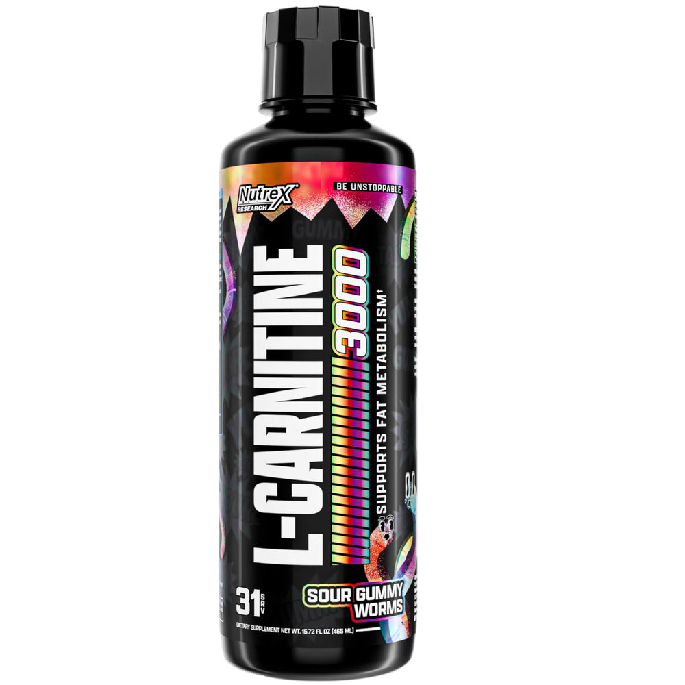 Nutrex Liquid L Carnitine 3000 bottle with Sour Gummy Worms flavor supports energy during workouts
