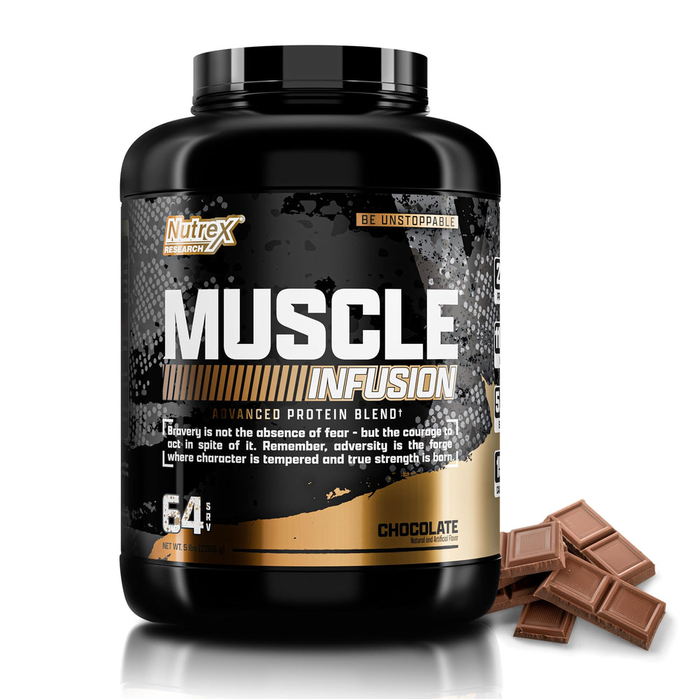 Nutrex Muscle Infusion chocolate tub front showcasing premium protein for muscle support.