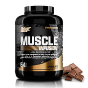 Nutrex Muscle Infusion chocolate tub front showcasing premium protein for muscle support.