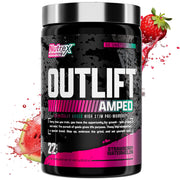 Nutrex OUTLIFT Amped bottle pouring powder for fast energy during workouts.