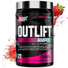 Nutrex OUTLIFT Amped bottle pouring powder for fast energy during workouts.