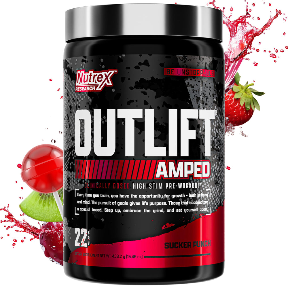 Nutrex OUTLIFT Amped bottle overview showing energy for intense workouts.