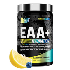 Nutrex Research EAA Hydration blueberry lemonade tub shown for full amino acid blend
