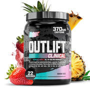 Nutrex Research Outlift Clinical bottle pouring powder to energize workouts.
