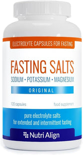 Nutri-Align Fasting Salts bottle with label showcasing essential electrolytes for fasting support.