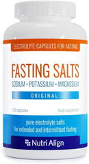 Nutri-Align Fasting Salts bottle with label showcasing essential electrolytes for fasting support.