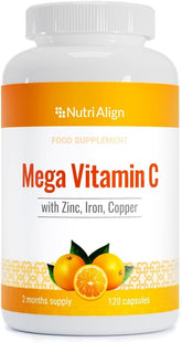 Nutri-Align Mega Vitamin C bottle front view showing high-strength 1000mg capsules for daily antioxidant support.