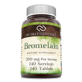 Nutri Essentials Bromelain 500 mg bottle front view, non-GMO and gluten-free daily supplement