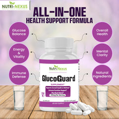 Nutri-Nexus GlucoGuard bottle back-label with nutrition facts and ingredient highlights for informed choices