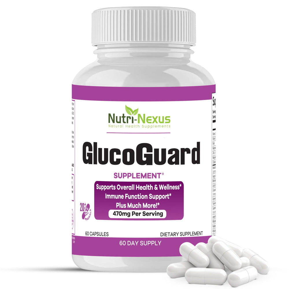 Nutri-Nexus GlucoGuard bottle front shows 60 capsules for daily wellness support