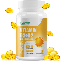Nutri Potentia D3 K2 bottle showing two-in-one formula for bone and heart support.