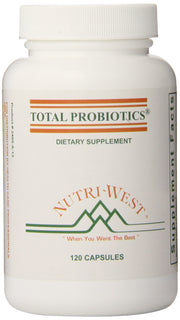 Nutri-West Total Probiotics bottle promoting balanced gut flora daily.