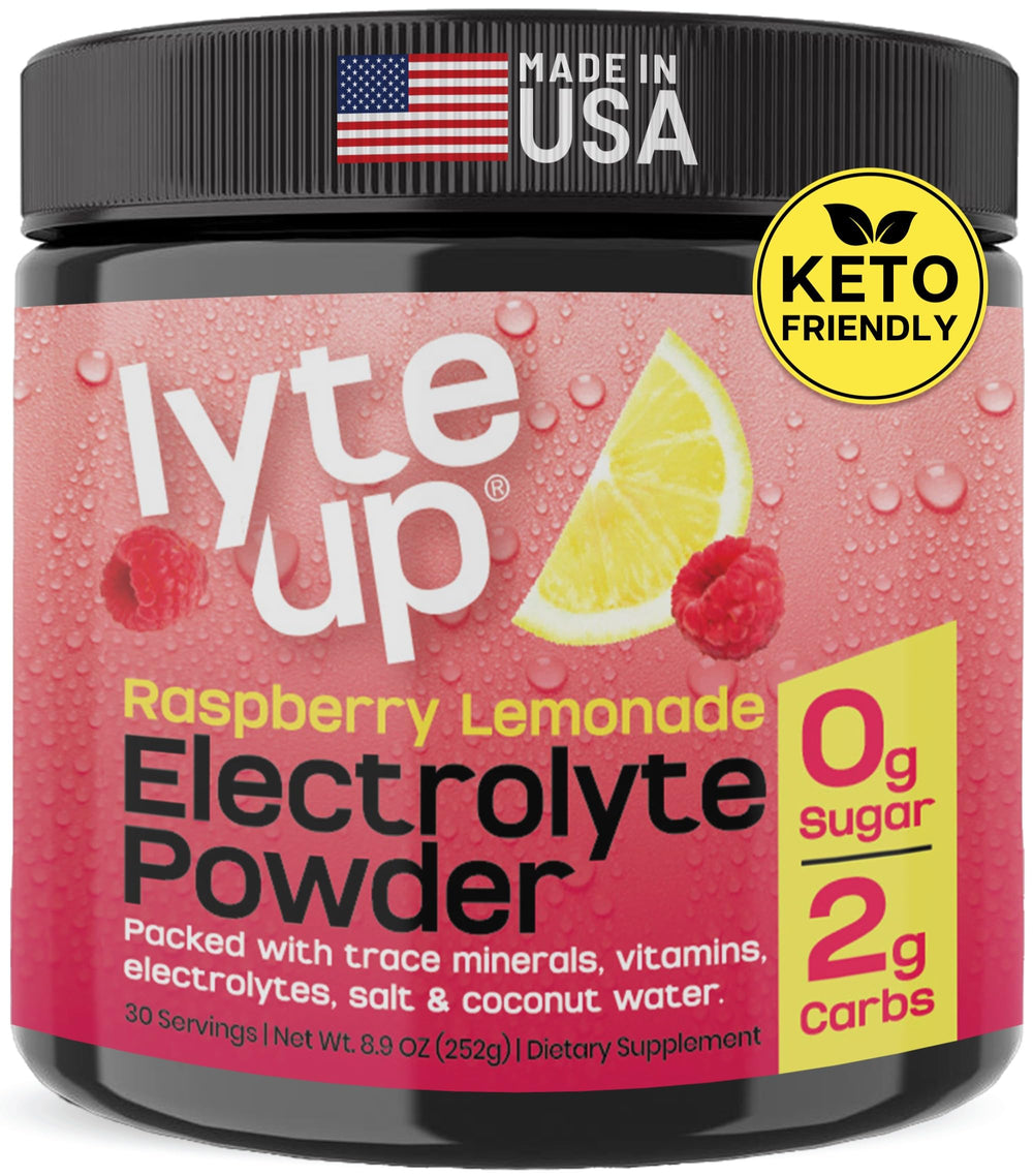 Nutriana Lyte Up Raspberry Lemonade bottle front promotes keto hydration.