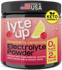 Nutriana Lyte Up Raspberry Lemonade bottle front promotes keto hydration.