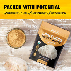 Nutriante Lions Mane powder scoop ready for mixing into beverages.