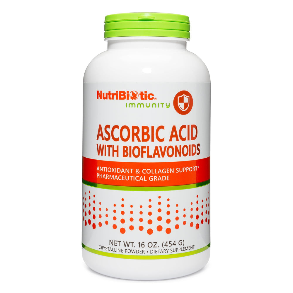 NutriBiotic ascorbic acid powder in tub highlighting immune support