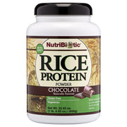 NutriBiotic Chocolate Rice Protein bottle displaying low-carb nutrition and packaging