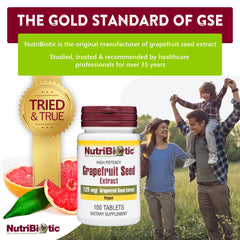 NutriBiotic label on grapefruit seed extract tablets with clear ingredient details.