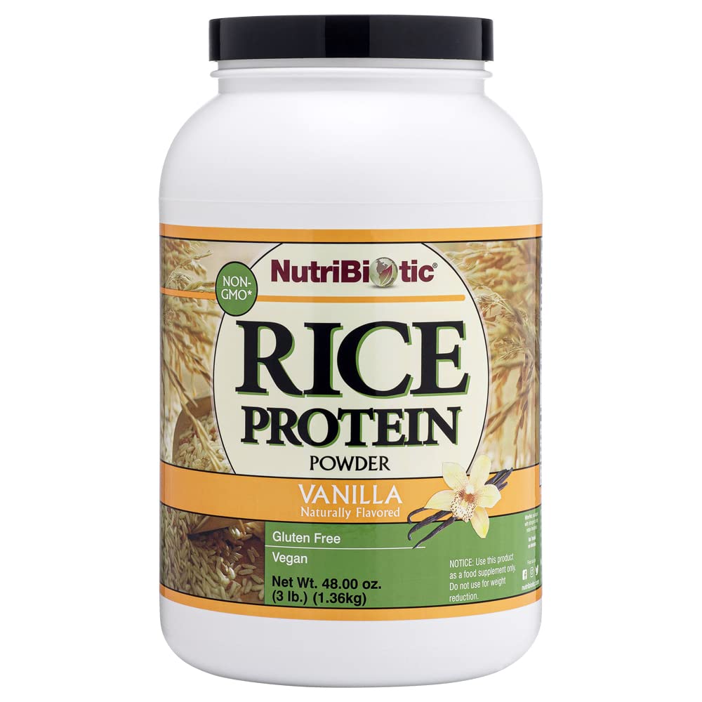 NutriBiotic Vanilla Rice Protein container highlights gluten-free, keto-friendly packaging.
