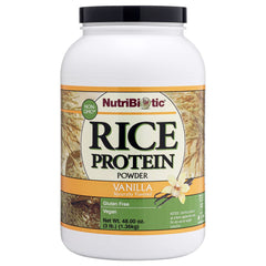NutriBiotic Vanilla Rice Protein container highlights gluten-free, keto-friendly packaging.