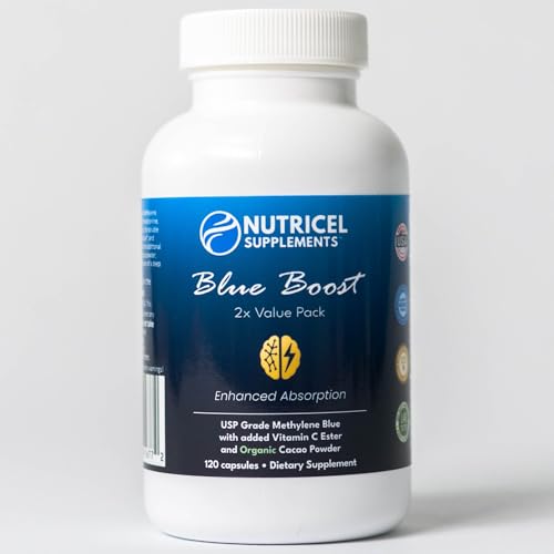 Nutricel Methylene Blue bottle label highlights 120 capsules and premium ingredients.
