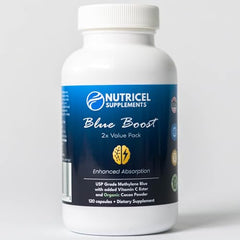 Nutricel Methylene Blue bottle label highlights 120 capsules and premium ingredients.
