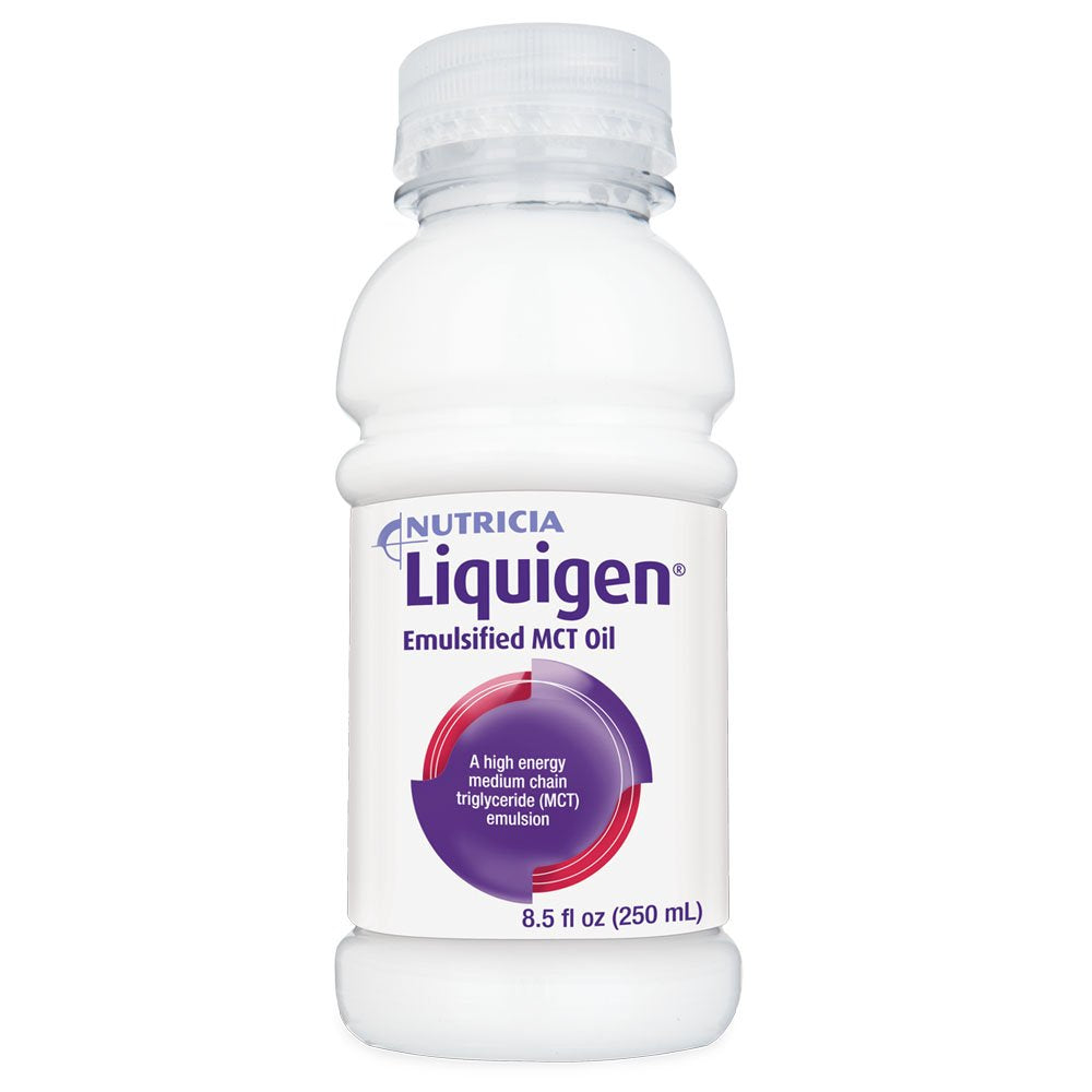 Nutricia Liquigen emulsified MCT oil bottle pour for easy mixing in beverages and recipes