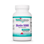 Nutricology Biotin 5000 bottle front view, premium hypoallergenic formula for hair, skin, nails.