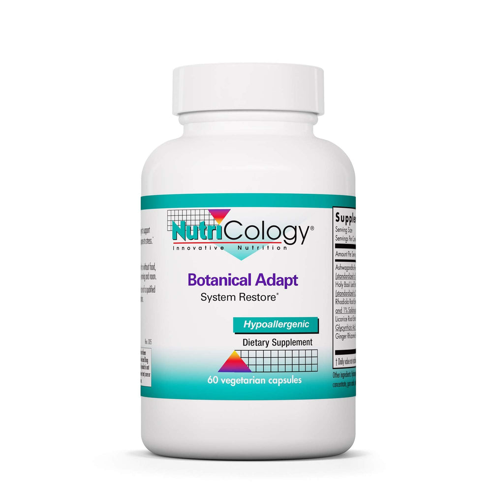 Nutricology Botanical Adapt capsules on bottle support stress response and daily balance.