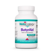 Nutricology ButyrAid bottle label showing delayed-release capsules for gut support.
