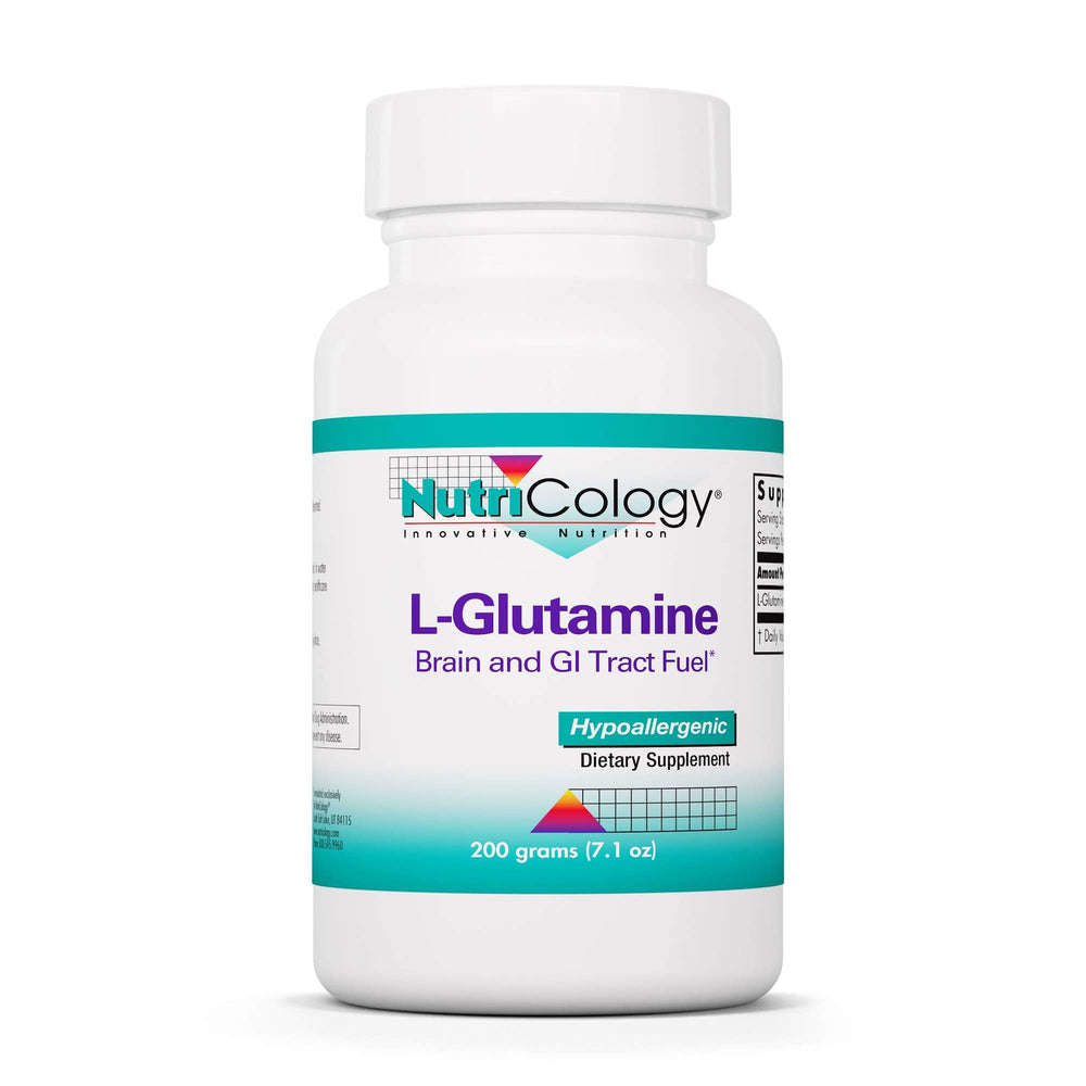 Nutricology L-Glutamine bottle front, pure free-form amino acid for gut support.