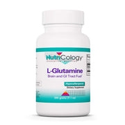 Nutricology L-Glutamine bottle front, pure free-form amino acid for gut support.