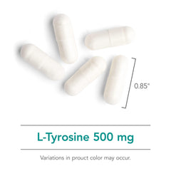 Nutricology L-Tyrosine label close-up highlights 500 mg per capsule.