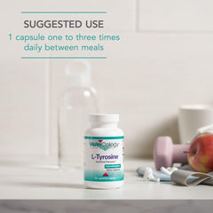Nutricology L-Tyrosine capsules poured into a hand for easy use.