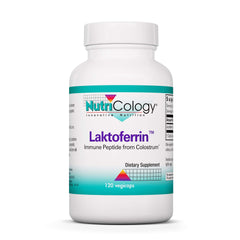 Nutricology Laktoferrin supplement bottle with capsules for immune support.
