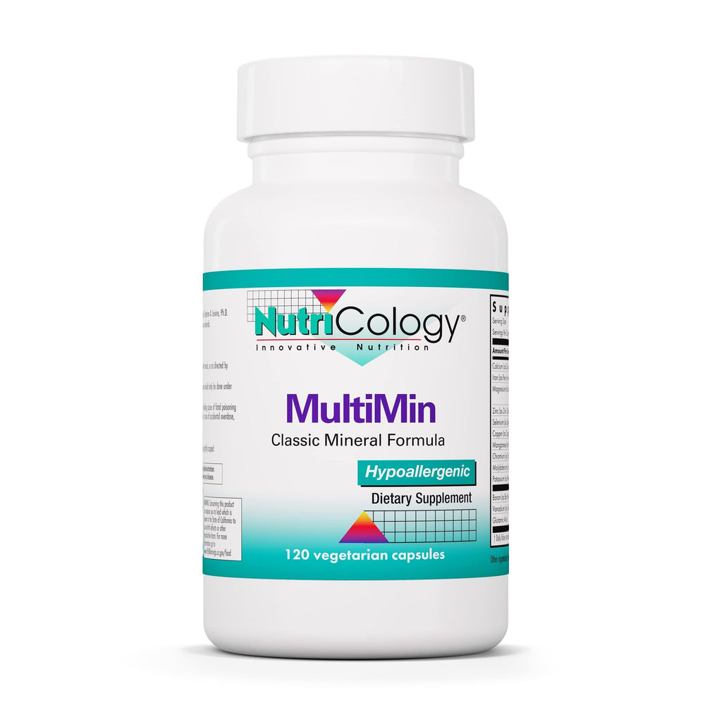 Nutricology MultiMin bottle label showcasing a complete mineral blend for daily support.