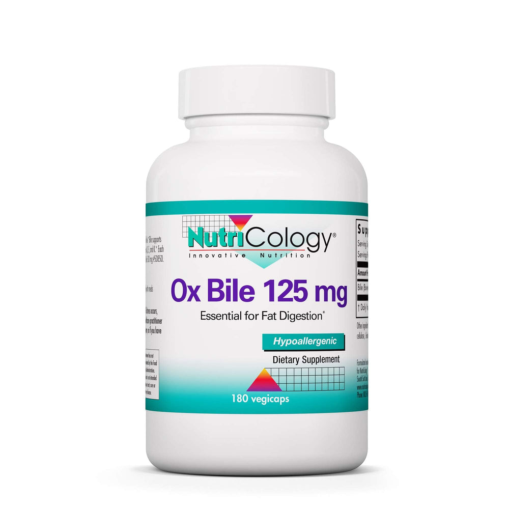 Nutricology Ox Bile 125 mg bottle showing digestive support